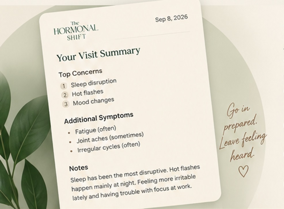 Printed visit summary listing top concerns, additional symptoms and personal notes